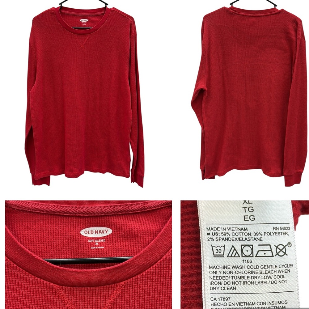 Old Navy Red Thermal Knit Long Sleeve Crew Neck Shirt Cotton Blend Mens Size XL